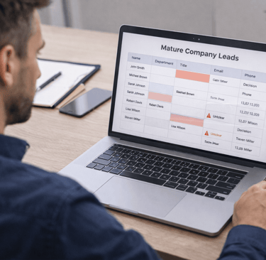 Founder reviewing mature company leads with missing data