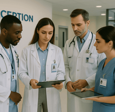 Group of medical professionals discussing work in a hospital reception
