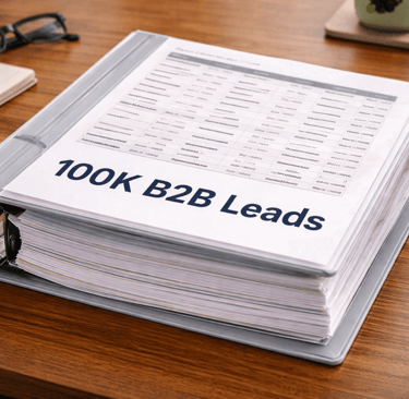 Binder labeled 100K B2B Leads showing printed lead records