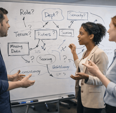 SDR team discussing metadata gaps on a whiteboard in a meeting room