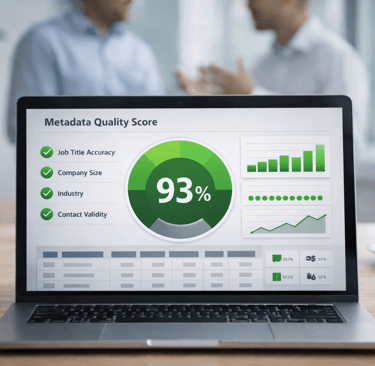 High metadata quality score dashboard with two people talking in the background