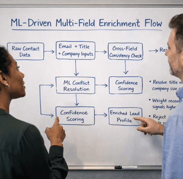 Two professionals reviewing an ML-driven data enrichment workflow on a whiteboard