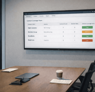 CRM contact coverage dashboard on meeting room screen