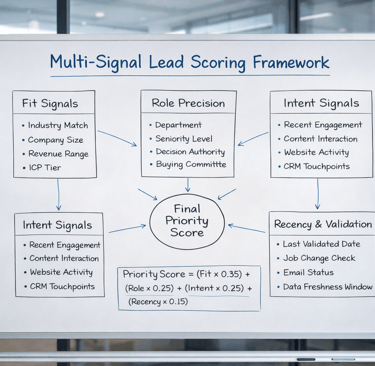 Office whiteboard showing multi-signal lead scoring framework diagram and formula