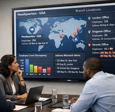 Team reviewing dashboard showing conflicting headquarters and branch data across multiple locations