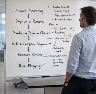 Founder reviewing a multi-step lead verification process on a whiteboard