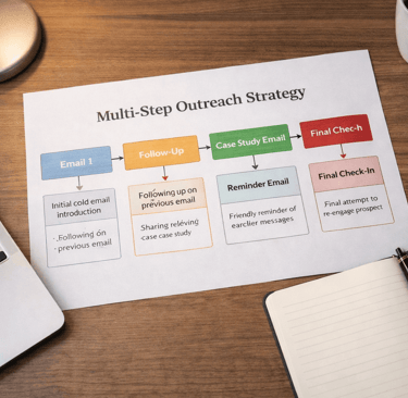 printed multi step outreach email flowchart on desk