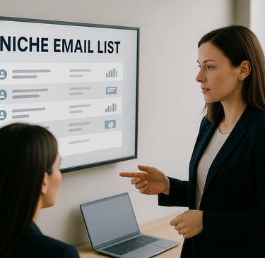 Two women founders reviewing a niche email list on a board