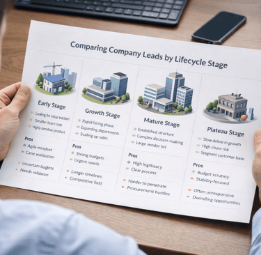 Founder comparing leads by company lifecycle stage on desk