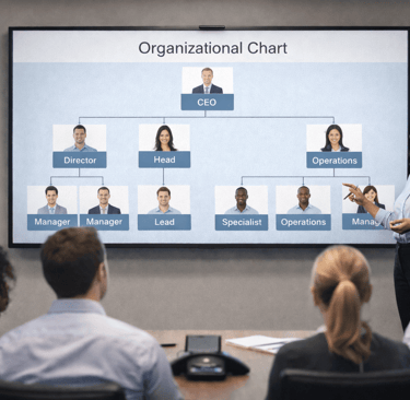 HR onboarding presenting an organizational chart