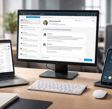Realistic workspace showing email, LinkedIn messaging, and phone call outbound channels side by side