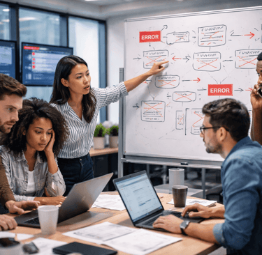 Diverse SDR team working together to fix a failing outbound campaign caused by broken data