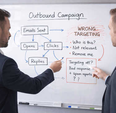 Two founders reviewing outbound campaign results on a whiteboard showing targeting issues
