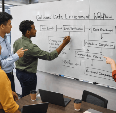 team planning outbound data enrichment workflow on whiteboard