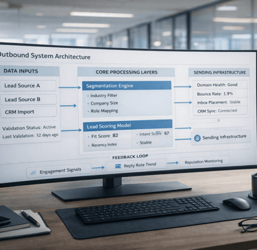 Outbound system architecture dashboard on widescreen monitor