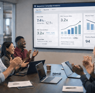 SDR team celebrating outbound ROI results shown on a presentation screen
