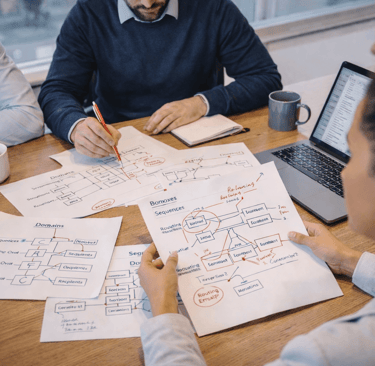 Team reviewing outbound system diagrams on table