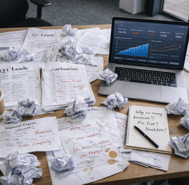 Messy founder desk with crumpled lead lists and poor campaign metrics