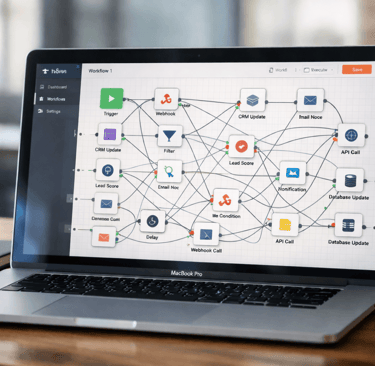 Laptop showing complex automation workflow