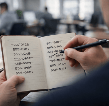 Founder crossing out outdated phone numbers in a contact notebook