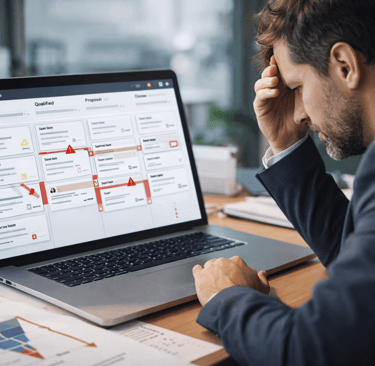 Founder reviewing a CRM pipeline showing data-related deal leaks
