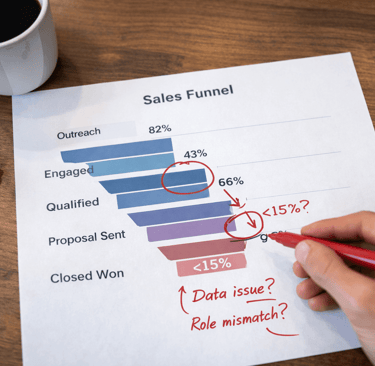 Printed sales funnel report with drop-offs circled in red