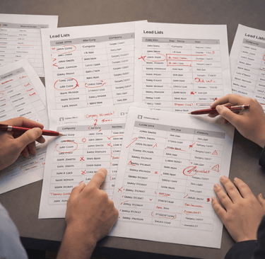 SDR team reviewing poor-quality lead list with red markings