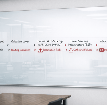 Handwritten email infrastructure diagram showing how minor data issue escalate into delivery failure