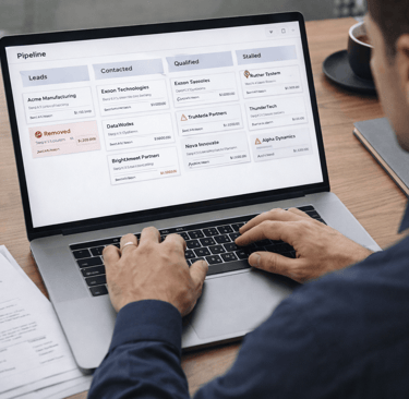 Founder reviewing and cleaning a sales pipeline on a laptop with CRM-style interface