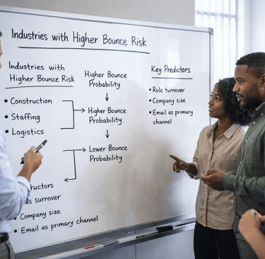 SDR team predicting email bounce risk by industry on a whiteboard