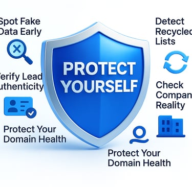 3D shield infographic showing how buyers can protect themselves from fake or recycled B2B data