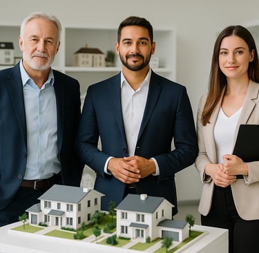 Real estate professionals standing in front of a miniature housing model inside a modern showroom.
