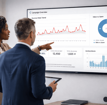 Two founders reviewing email campaign bounce analytics on a large screen