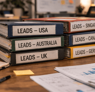 Binders labeled leads USA Australia UK and Canada on office desk