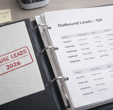 Ring binder labeled outbound leads with reuse stamp on cover