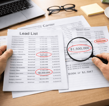 Hands reviewing a lead list with highlighted revenue figures
