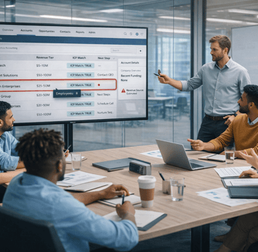 SDR team reviewing misclassified revenue causing a false ICP match on a CRM screen
