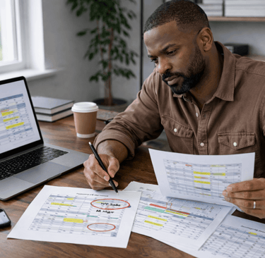Founder reviewing revenue forecast spreadsheets with highlighted metadata errors