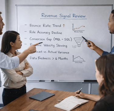 SDR team reviewing revenue warning signals on whiteboard