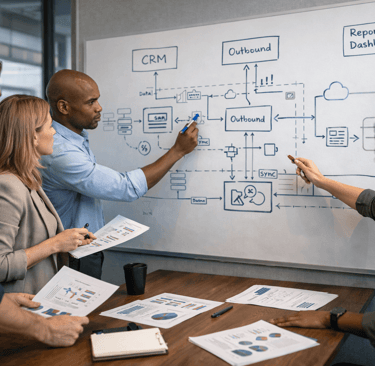 RevOps team mapping data flows between CRM, outbound systems, and reporting dashboards