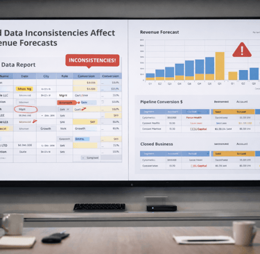 Large screen showing lead data inconsistencies impacting revenue forecasts