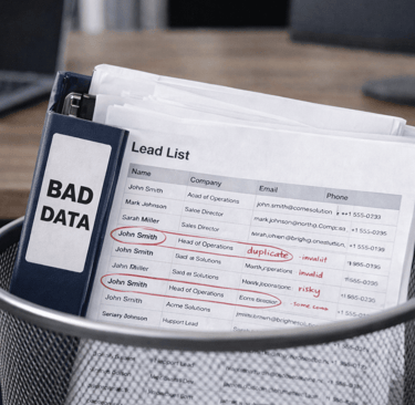 Bad data lead binder discarded in office trash