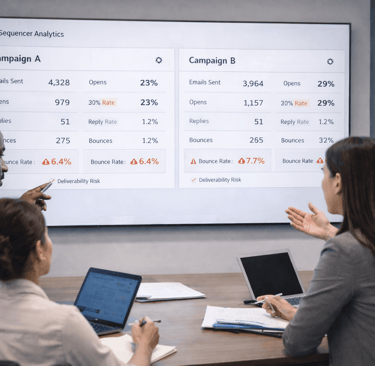 SDR team reviewing two outbound campaigns with deliverability risk on a large analytics screen