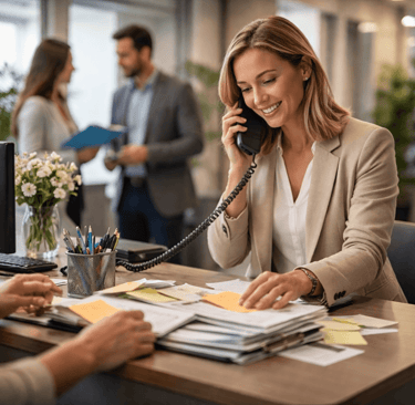 office receptionist handling multiple inquiries at front desk