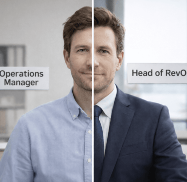 Split portrait showing founder with two different role labels