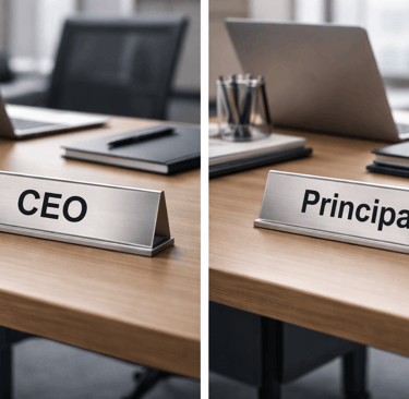 Two office desks side by side with nameplates showing CEO and Principal roles.