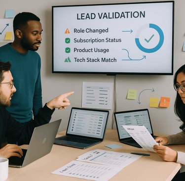SaaS team reviewing lead data on laptops and a digital board.