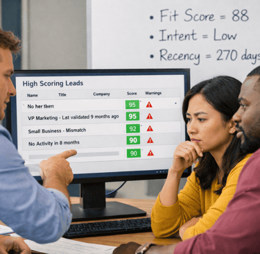 SDR team reviewing high lead scores with data warning signs visible on screen