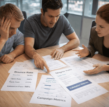 SDR team reviewing deliverability metrics during a campaign review.