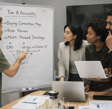 SDR team planning Tier A account strategy at whiteboard